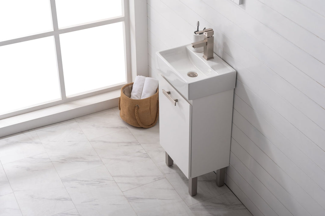 Stella 16.5" Single Sink Vanity with Porcelain Top - Design Element Bath Kitchen - Bathroom Vanity - Gray Oak with Silver Satin Hardware