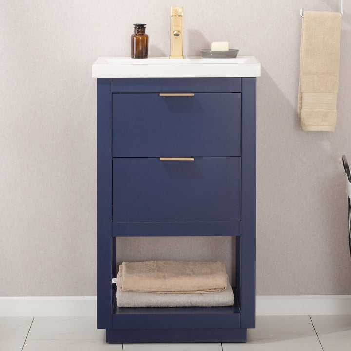 Klein 20" Single Sink Vanity with Porcelain Top - Design Element Bath Kitchen - Bathroom Vanity - Navy with Silver Satin Hardware