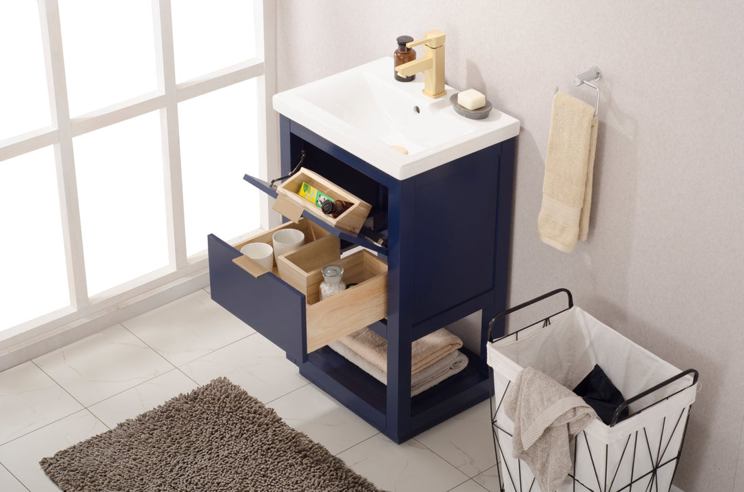 Klein 20" Single Sink Vanity with Porcelain Top - Design Element Bath Kitchen - Bathroom Vanity - Navy with Silver Satin Hardware