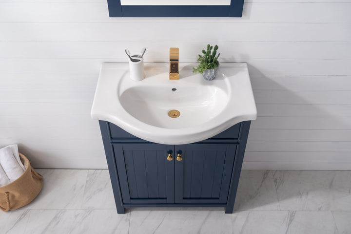Marian 30" Single Sink Vanity with Porcelain Top - Design Element Bath Kitchen - Bathroom Vanity - Navy with Satin Gold Hardware