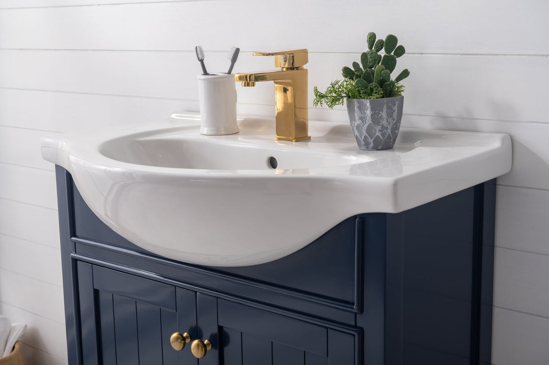 Marian 30" Single Sink Vanity with Porcelain Top - Design Element Bath Kitchen - Bathroom Vanity - Navy with Satin Gold Hardware