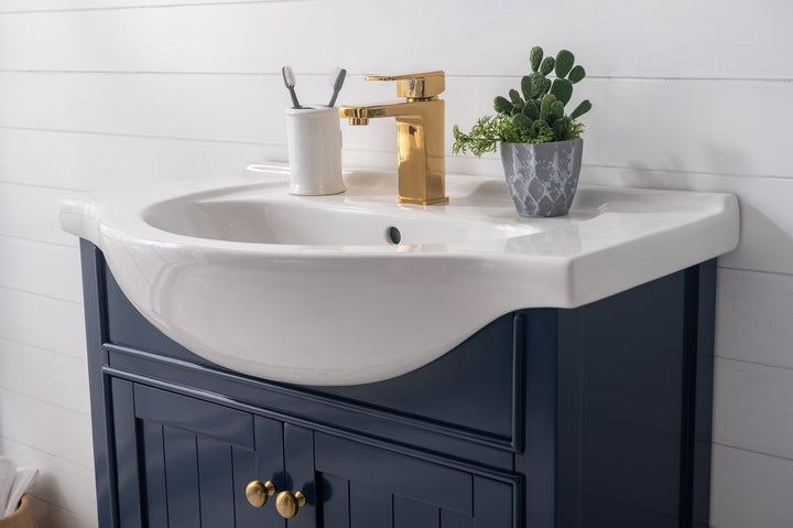 Marian 30" Single Sink Vanity with Porcelain Top - Design Element Bath Kitchen - Bathroom Vanity - Navy with Satin Gold Hardware