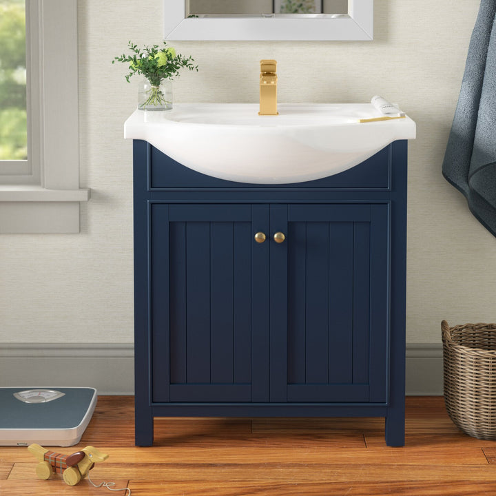 Marian 30" Single Sink Vanity with Porcelain Top - Design Element Bath Kitchen - Bathroom Vanity - Navy with Satin Gold Hardware