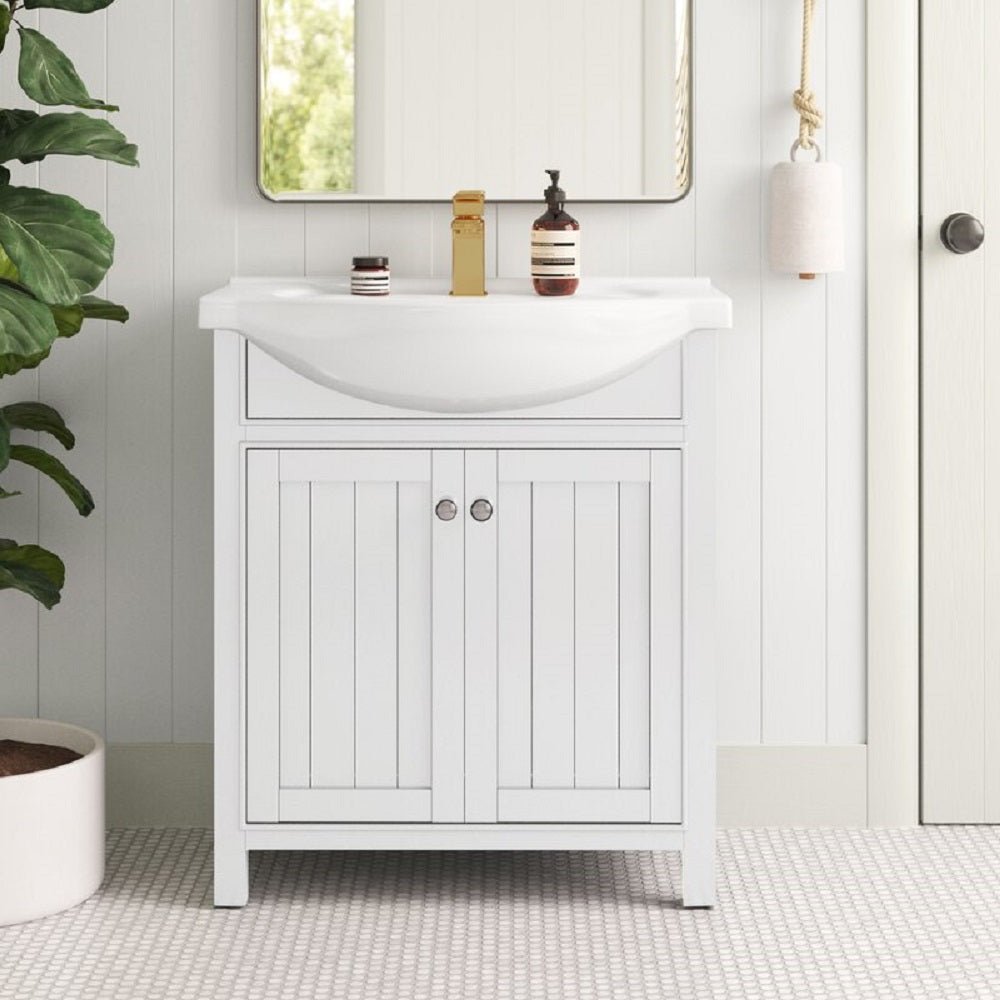 Marian 30" Single Sink Vanity with Porcelain Top - Design Element Bath Kitchen - Bathroom Vanity - White with Silver Satin Hardware