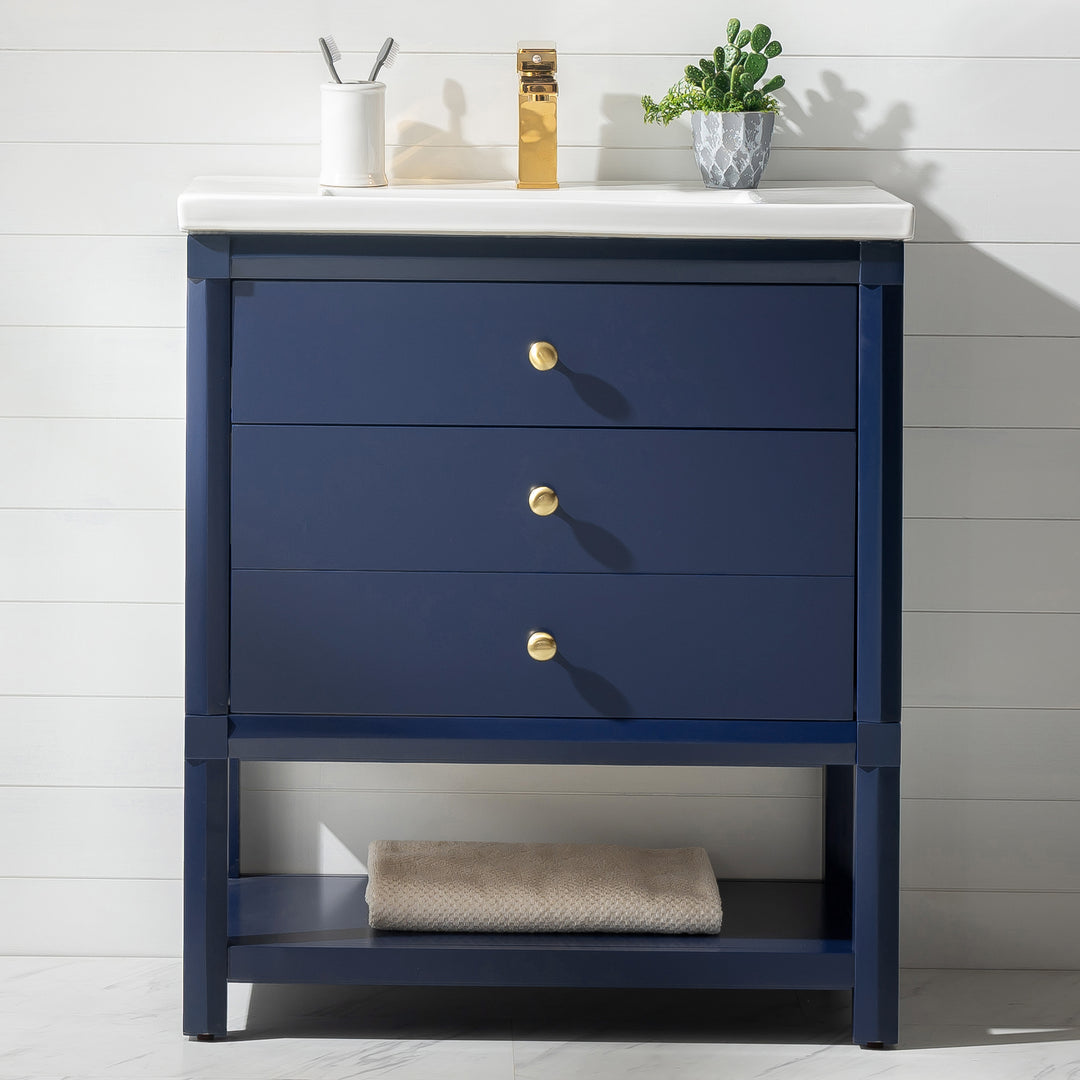 Logan 30" Single Sink Vanity with Porcelain Top - Design Element Bath Kitchen - Bathroom Vanity - Navy with Satin Gold Hardware