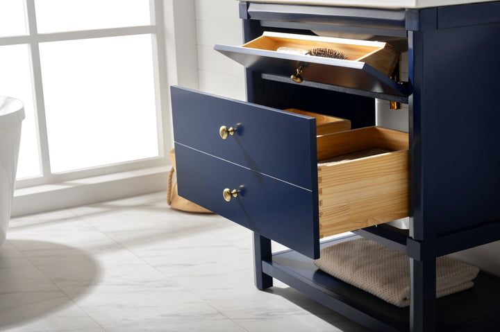 Logan 30" Single Sink Vanity with Porcelain Top - Design Element Bath Kitchen - Bathroom Vanity - Navy with Satin Gold Hardware