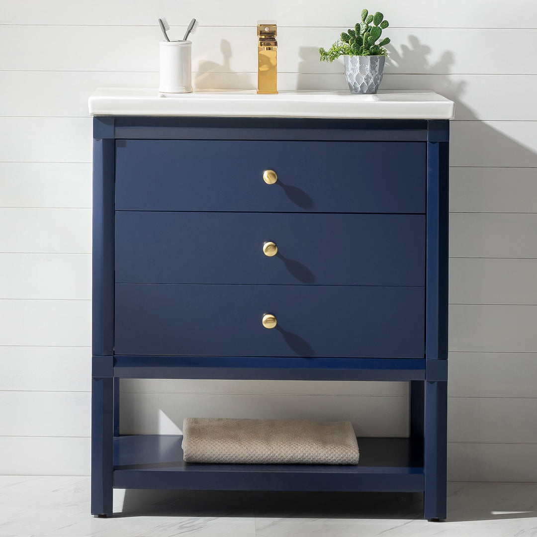 Logan 30" Single Sink Vanity with Porcelain Top - Design Element Bath Kitchen - Bathroom Vanity - Navy with Satin Gold Hardware