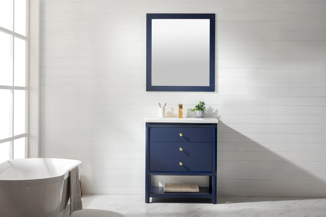 Logan 30" Single Sink Vanity with Porcelain Top - Design Element Bath Kitchen - Bathroom Vanity - Navy with Satin Gold Hardware