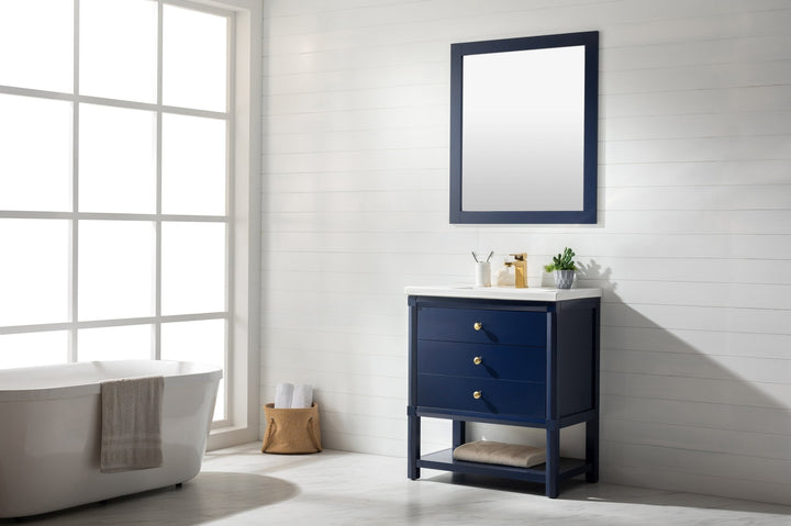 Logan 30" Single Sink Vanity with Porcelain Top - Design Element Bath Kitchen - Bathroom Vanity - Navy with Satin Gold Hardware