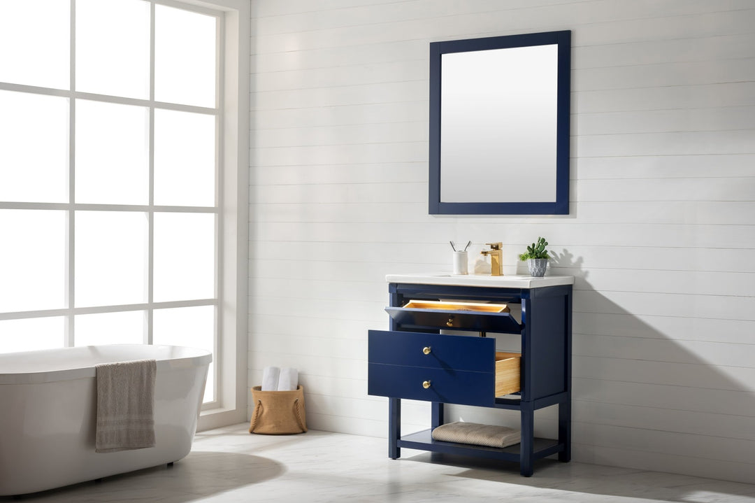 Logan 30" Single Sink Vanity with Porcelain Top - Design Element Bath Kitchen - Bathroom Vanity - Navy with Satin Gold Hardware