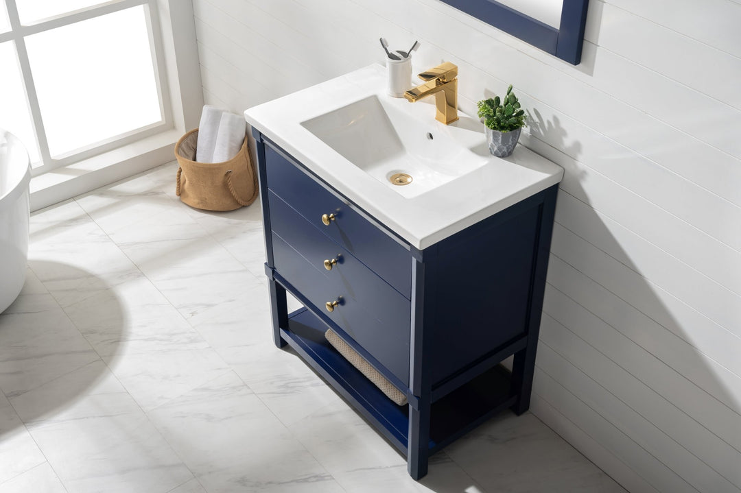 Logan 30" Single Sink Vanity with Porcelain Top - Design Element Bath Kitchen - Bathroom Vanity - Navy with Satin Gold Hardware