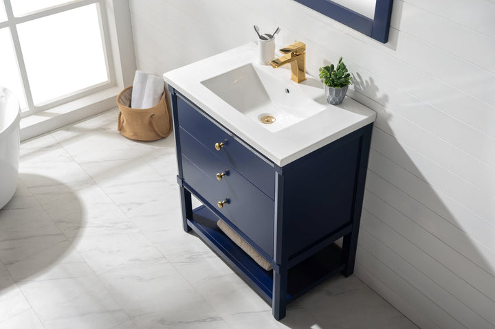 Logan 30" Single Sink Vanity with Porcelain Top - Design Element Bath Kitchen - Bathroom Vanity - Navy with Satin Gold Hardware