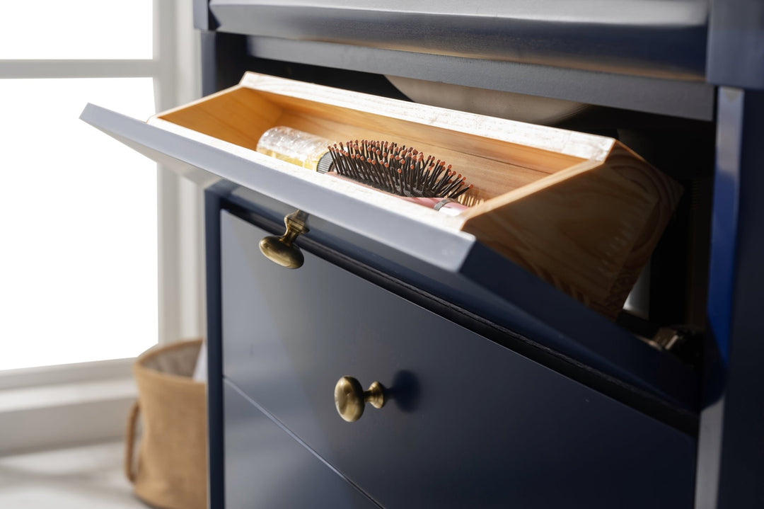 Logan 30" Single Sink Vanity with Porcelain Top - Design Element Bath Kitchen - Bathroom Vanity - Navy with Satin Gold Hardware