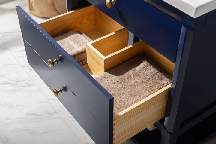Logan 30" Single Sink Vanity with Porcelain Top - Design Element Bath Kitchen - Bathroom Vanity - Navy with Satin Gold Hardware