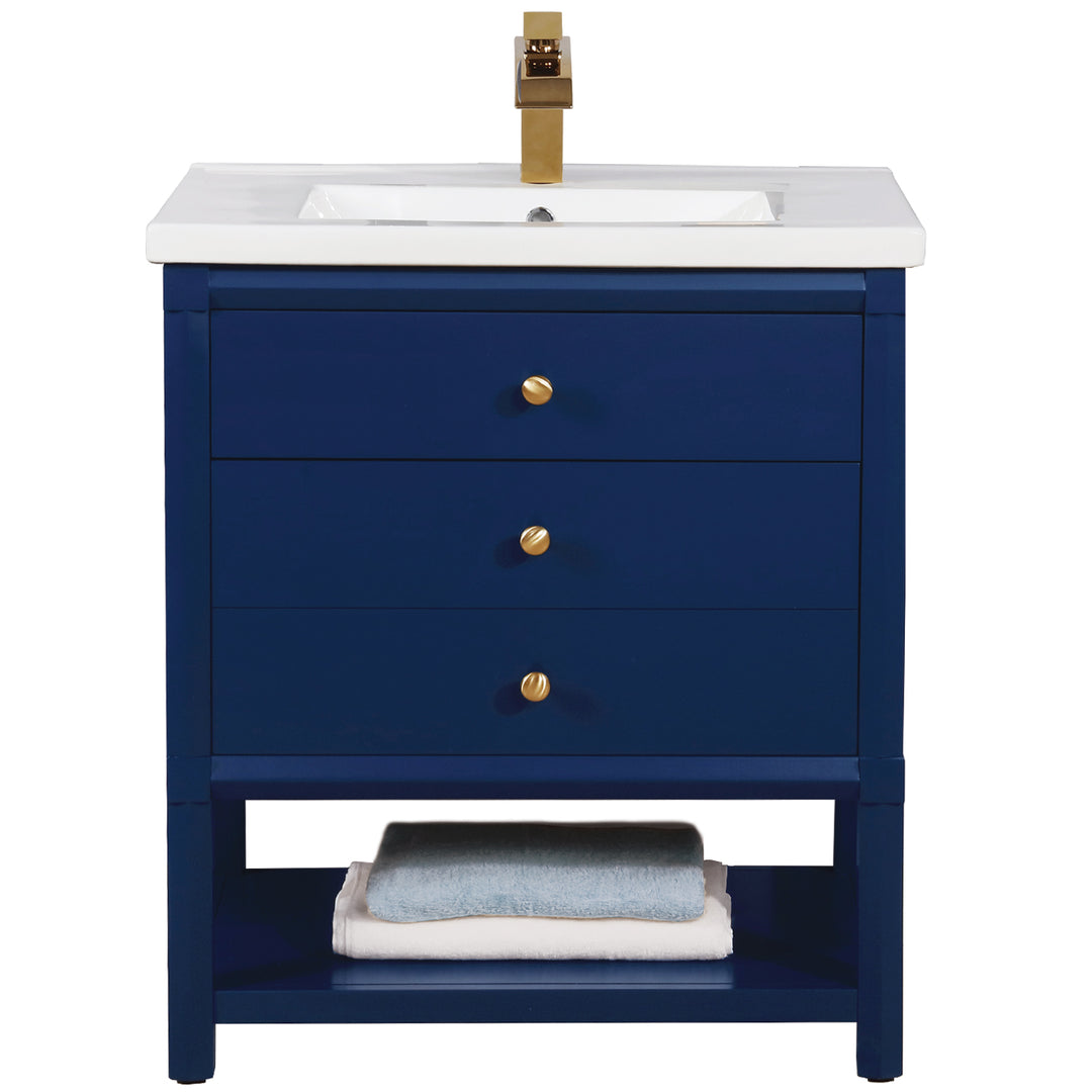 Logan 30" Single Sink Vanity with Porcelain Top - Design Element Bath Kitchen - Bathroom Vanity - Navy with Satin Gold Hardware