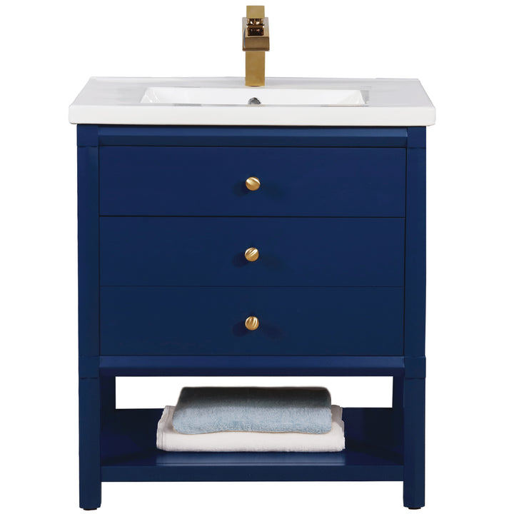 Logan 30" Single Sink Vanity with Porcelain Top - Design Element Bath Kitchen - Bathroom Vanity - Navy with Satin Gold Hardware