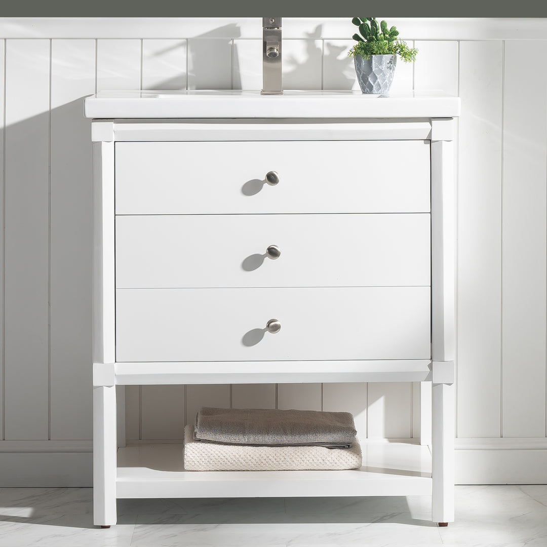 Logan 30" Single Sink Vanity with Porcelain Top - Design Element Bath Kitchen - Bathroom Vanity - Navy with Satin Gold Hardware