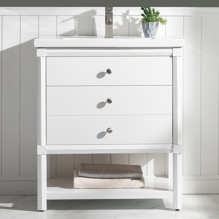 Logan 30" Single Sink Vanity with Porcelain Top - Design Element Bath Kitchen - Bathroom Vanity - Navy with Satin Gold Hardware