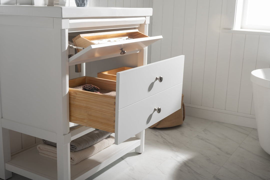 Logan 30" Single Sink Vanity with Porcelain Top - Design Element Bath Kitchen - Bathroom Vanity - Navy with Satin Gold Hardware