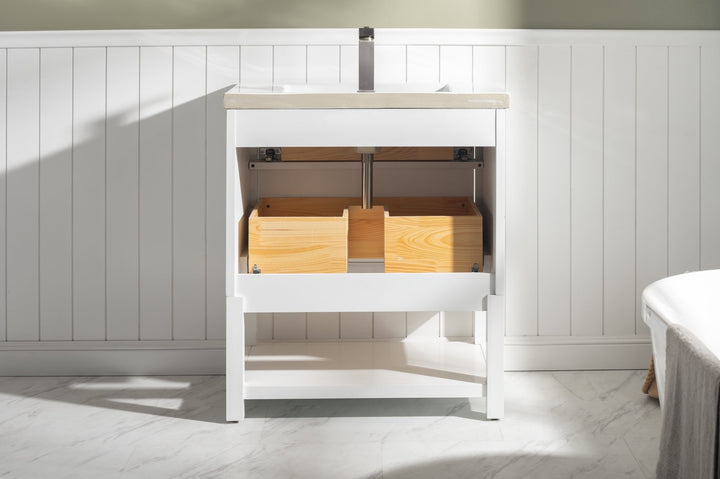 Logan 30" Single Sink Vanity with Porcelain Top - Design Element Bath Kitchen - Bathroom Vanity - Navy with Satin Gold Hardware