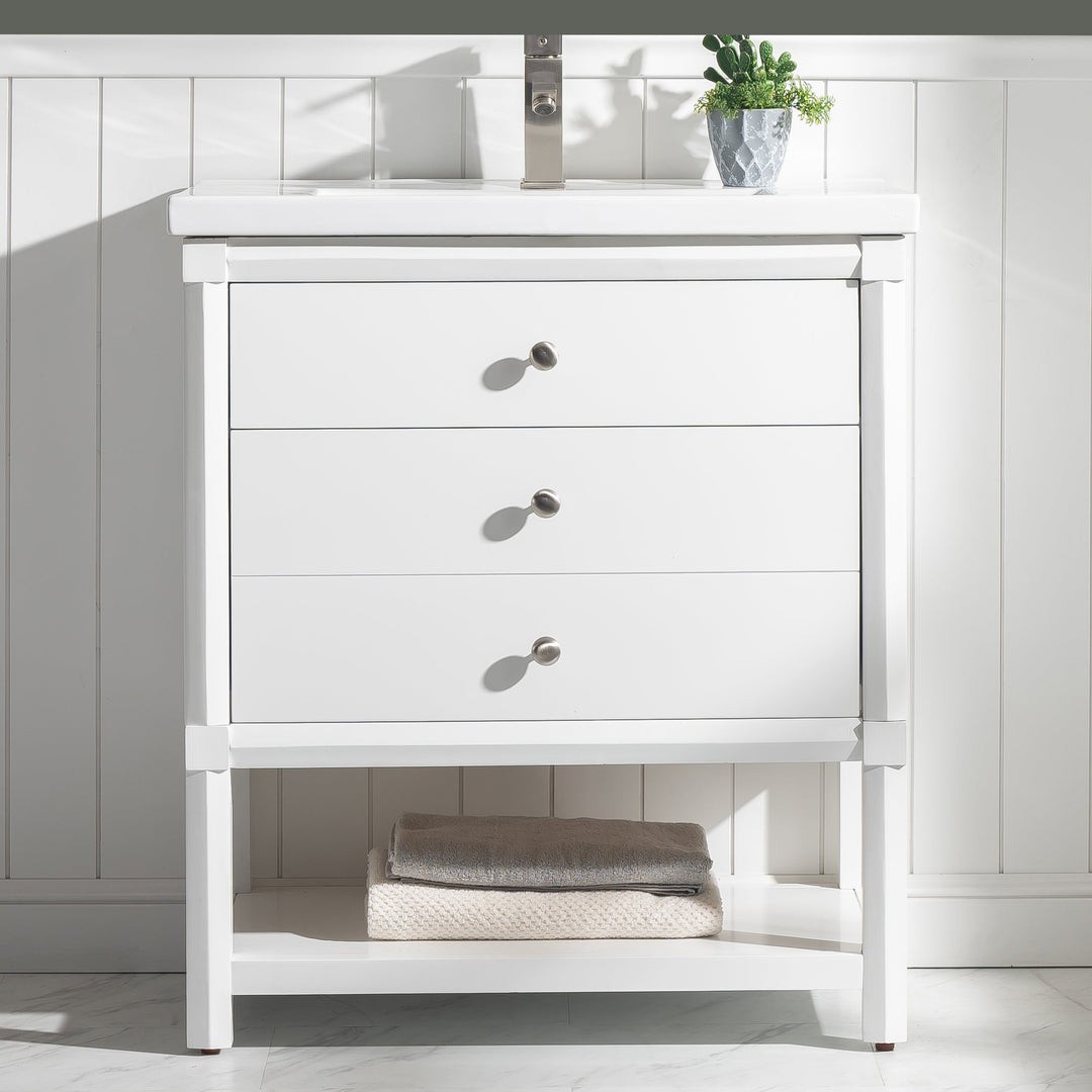 Logan 30" Single Sink Vanity with Porcelain Top - Design Element Bath Kitchen - Bathroom Vanity - White with Silver Satin Hardware