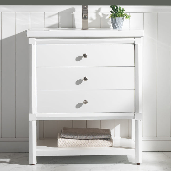 Logan 30" Single Sink Vanity with Porcelain Top - Design Element Bath Kitchen - Bathroom Vanity - White with Silver Satin Hardware