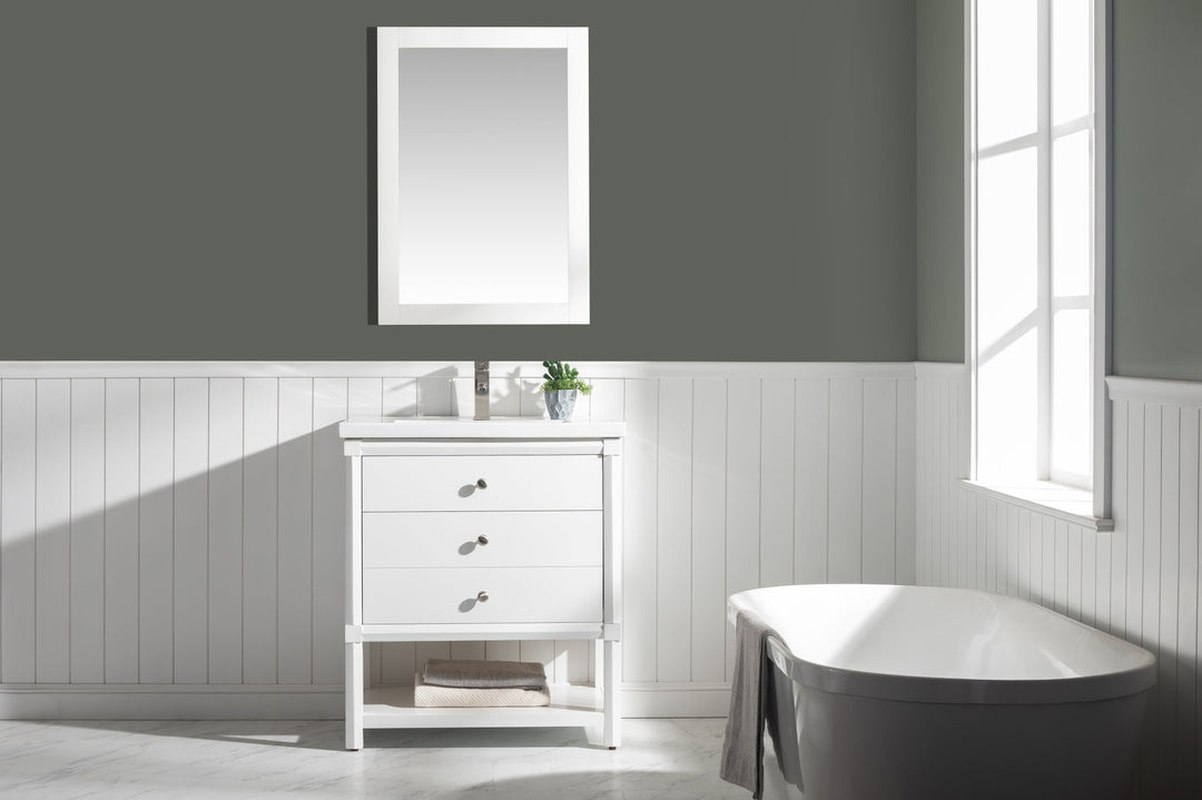 Logan 30" Single Sink Vanity with Porcelain Top - Design Element Bath Kitchen - Bathroom Vanity - Navy with Satin Gold Hardware