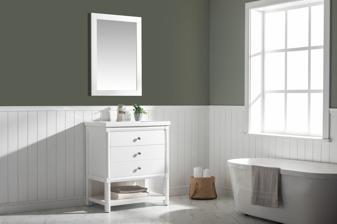 Logan 30" Single Sink Vanity with Porcelain Top - Design Element Bath Kitchen - Bathroom Vanity - Navy with Satin Gold Hardware