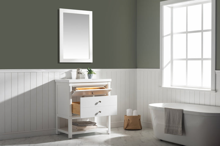 Logan 30" Single Sink Vanity with Porcelain Top - Design Element Bath Kitchen - Bathroom Vanity - Navy with Satin Gold Hardware