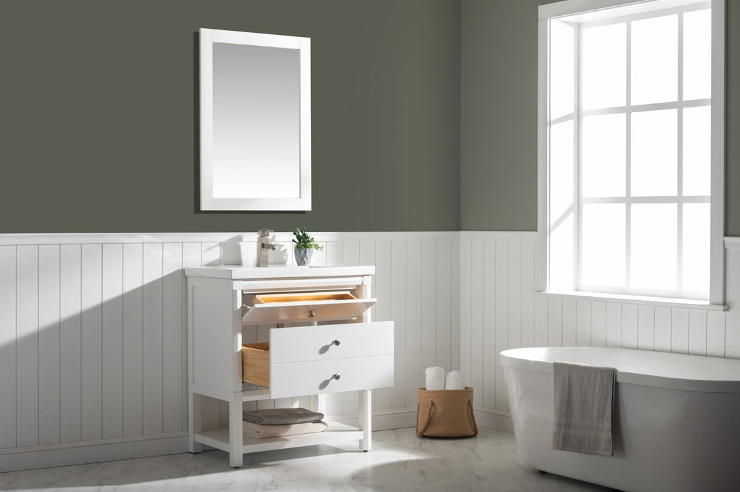 Logan 30" Single Sink Vanity with Porcelain Top - Design Element Bath Kitchen - Bathroom Vanity - Navy with Satin Gold Hardware