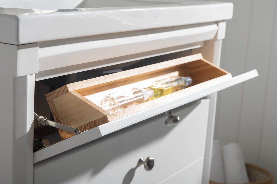 Logan 30" Single Sink Vanity with Porcelain Top - Design Element Bath Kitchen - Bathroom Vanity - Navy with Satin Gold Hardware