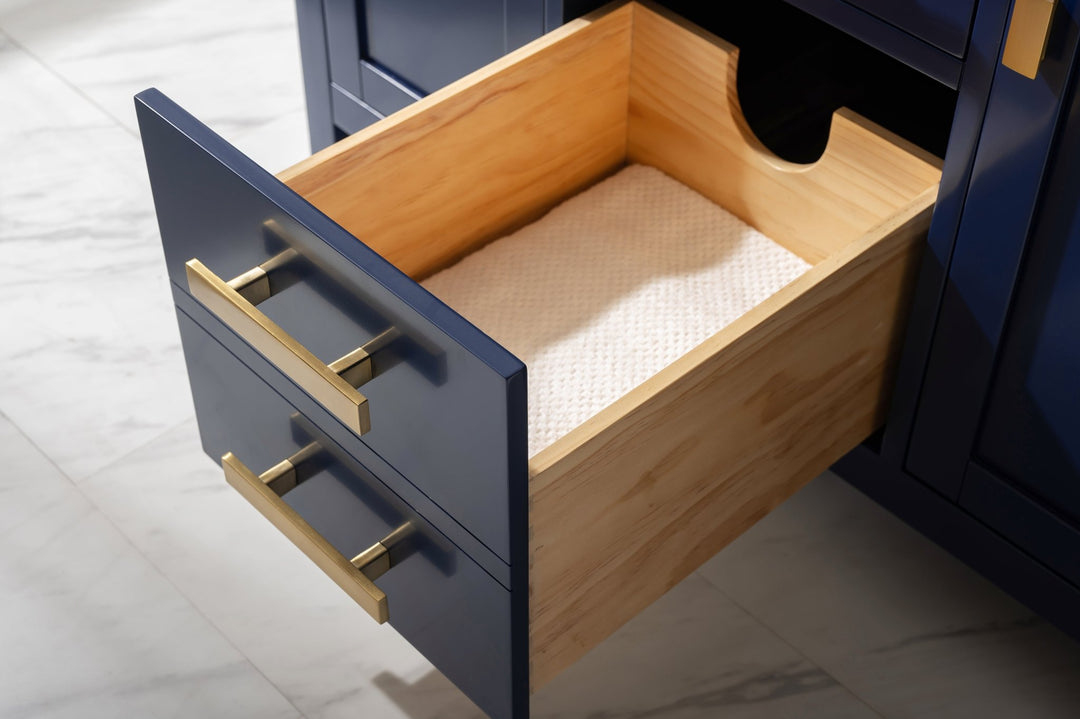 Valentino 42" Single Sink Vanity with White Quartz Top - Design Element Bath Kitchen - Bathroom Vanity - Navy with Satin Gold Hardware