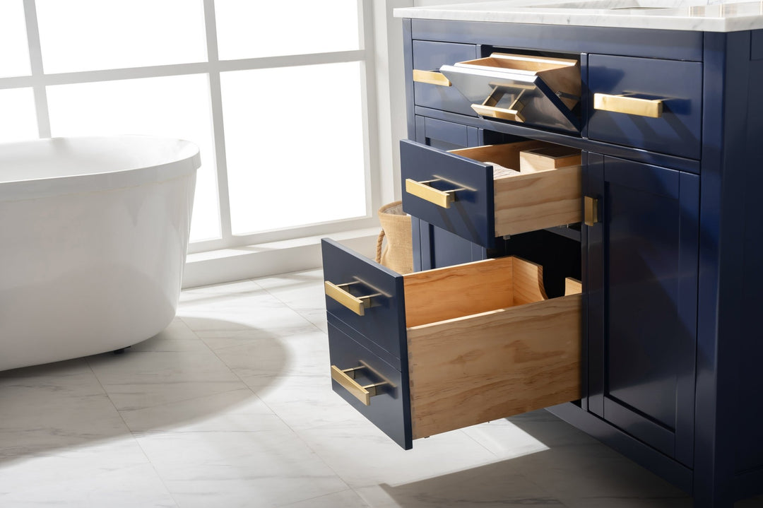 Valentino 42" Single Sink Vanity with White Quartz Top - Design Element Bath Kitchen - Bathroom Vanity - Navy with Satin Gold Hardware