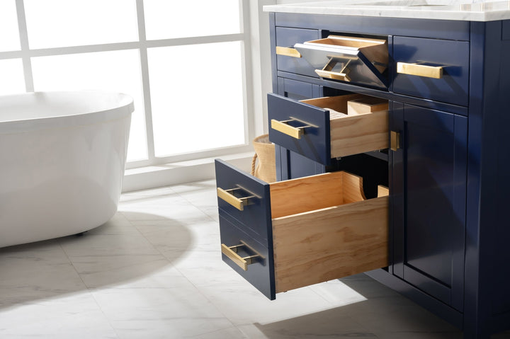 Valentino 42" Single Sink Vanity with White Quartz Top - Design Element Bath Kitchen - Bathroom Vanity - Navy with Satin Gold Hardware