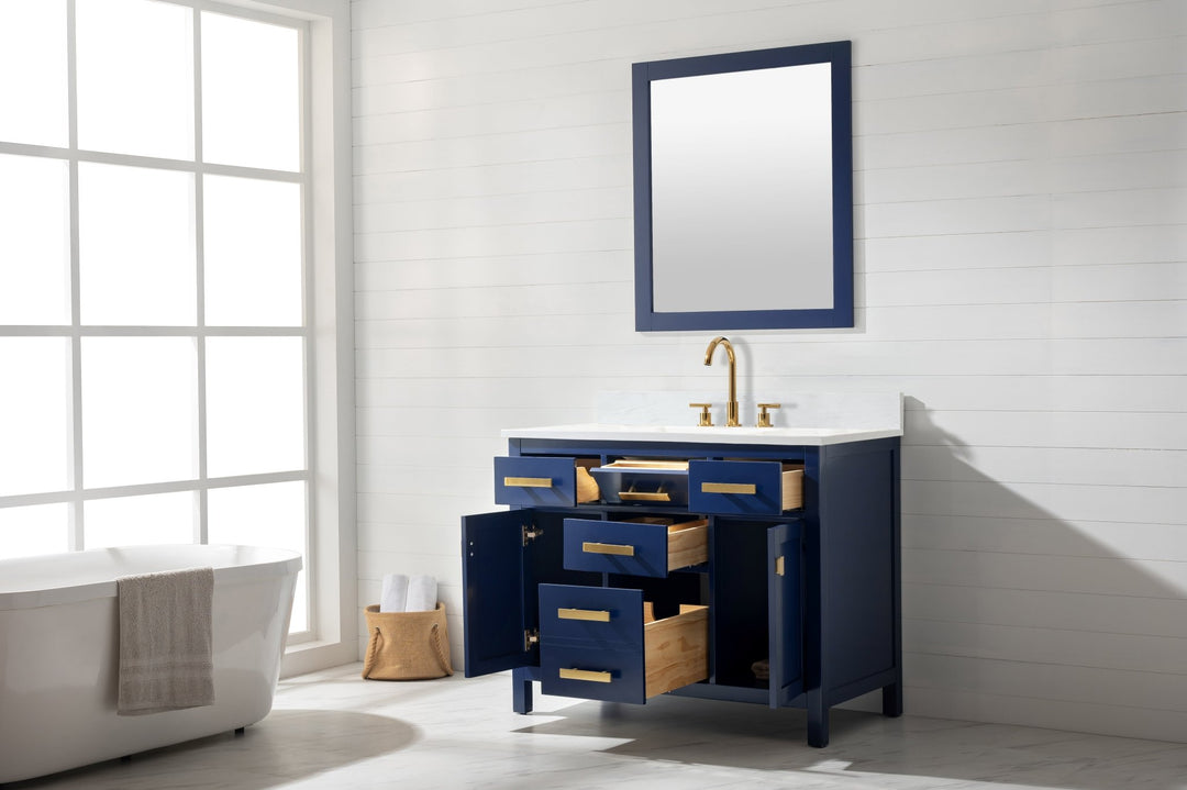 Valentino 42" Single Sink Vanity with White Quartz Top - Design Element Bath Kitchen - Bathroom Vanity - Navy with Satin Gold Hardware