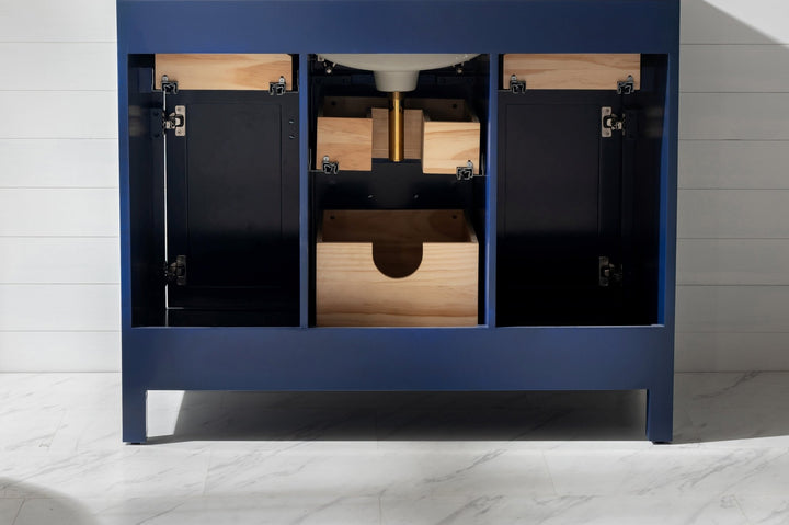 Valentino 42" Single Sink Vanity with White Quartz Top - Design Element Bath Kitchen - Bathroom Vanity - Navy with Satin Gold Hardware