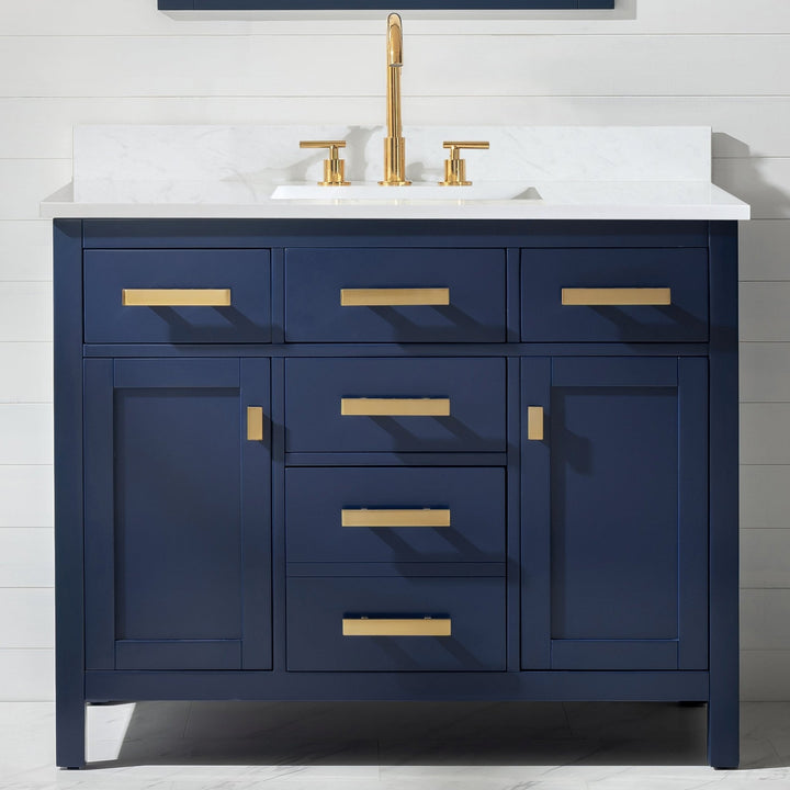 Valentino 42" Single Sink Vanity with White Quartz Top - Design Element Bath Kitchen - Bathroom Vanity - Navy with Satin Gold Hardware