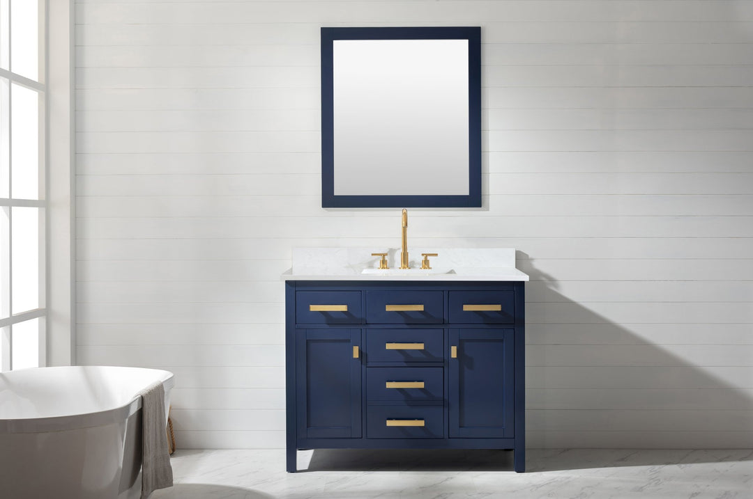 Valentino 42" Single Sink Vanity with White Quartz Top - Design Element Bath Kitchen - Bathroom Vanity - Navy with Satin Gold Hardware