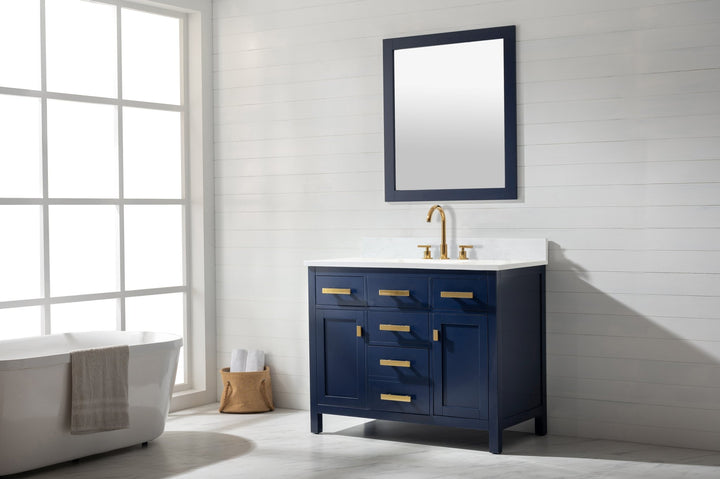 Valentino 42" Single Sink Vanity with White Quartz Top - Design Element Bath Kitchen - Bathroom Vanity - Navy with Satin Gold Hardware