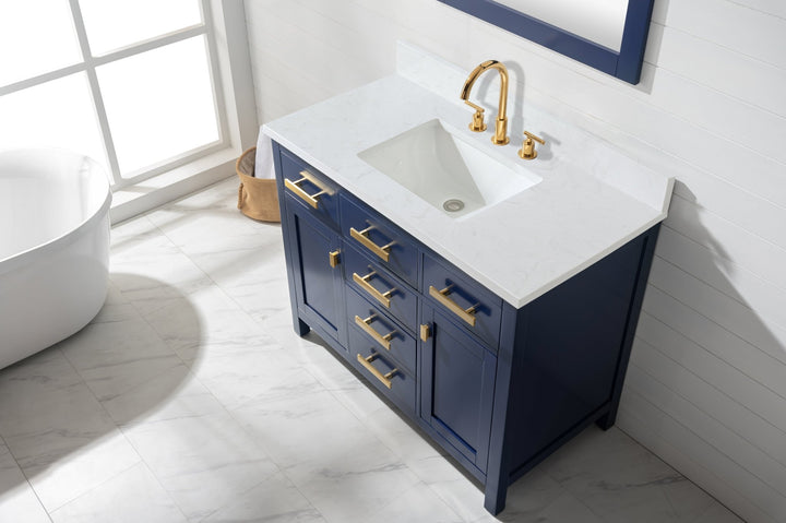 Valentino 42" Single Sink Vanity with White Quartz Top - Design Element Bath Kitchen - Bathroom Vanity - Navy with Satin Gold Hardware