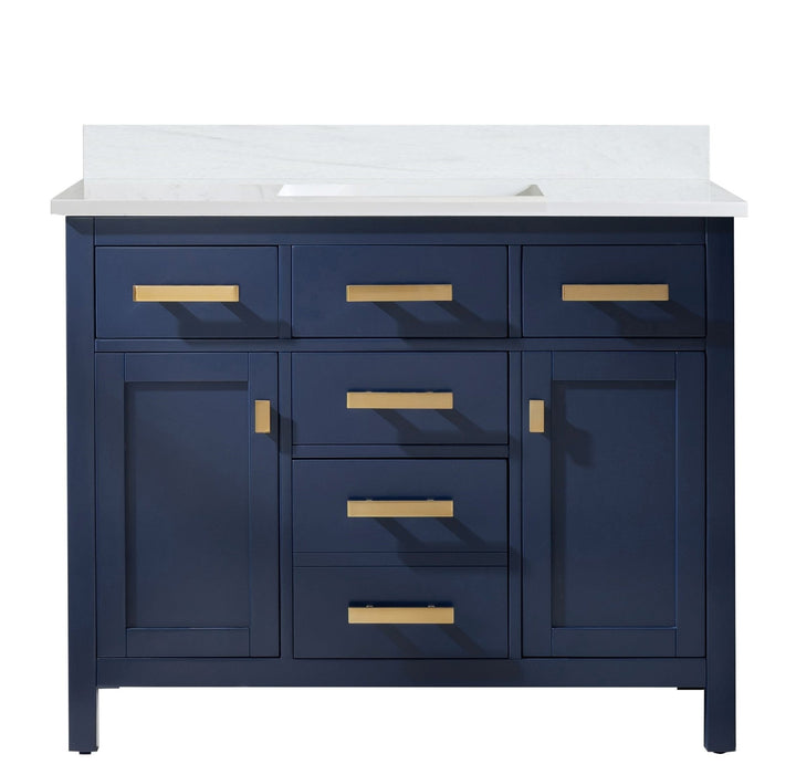 Valentino 42" Single Sink Vanity with White Quartz Top - Design Element Bath Kitchen - Bathroom Vanity - Navy with Satin Gold Hardware