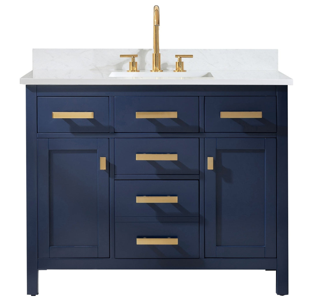 Valentino 42" Single Sink Vanity with White Quartz Top - Design Element Bath Kitchen - Bathroom Vanity - Navy with Satin Gold Hardware