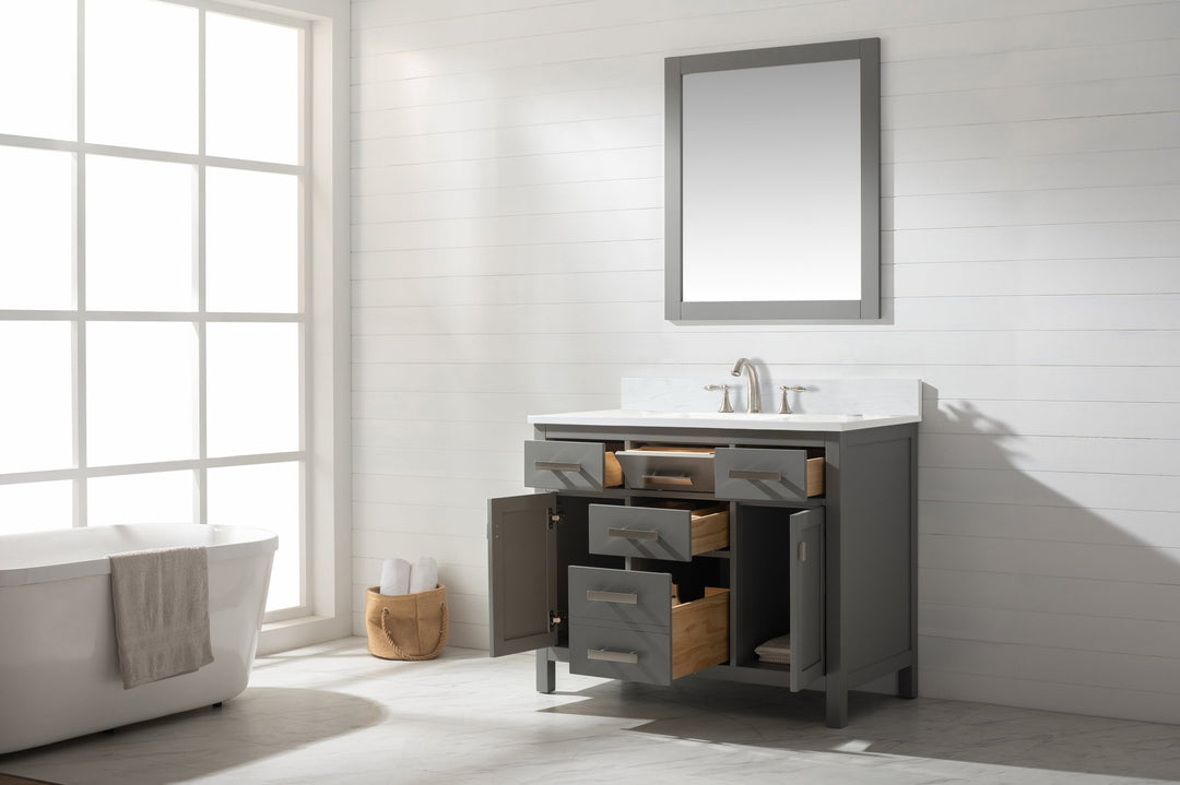 Valentino 42" Single Sink Vanity with White Quartz Top - Design Element Bath Kitchen - Bathroom Vanity - Navy with Satin Gold Hardware