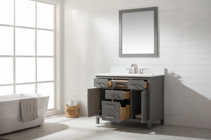 Valentino 42" Single Sink Vanity with White Quartz Top - Design Element Bath Kitchen - Bathroom Vanity - Navy with Satin Gold Hardware