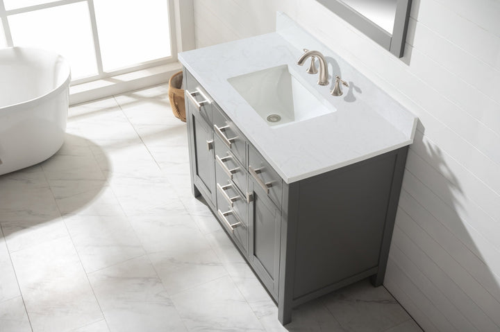 Valentino 42" Single Sink Vanity with White Quartz Top - Design Element Bath Kitchen - Bathroom Vanity - Navy with Satin Gold Hardware
