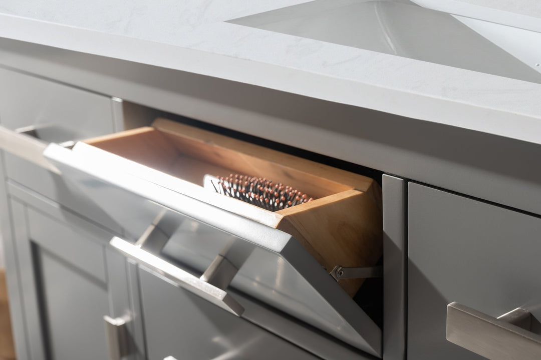 Valentino 42" Single Sink Vanity with White Quartz Top - Design Element Bath Kitchen - Bathroom Vanity - Navy with Satin Gold Hardware