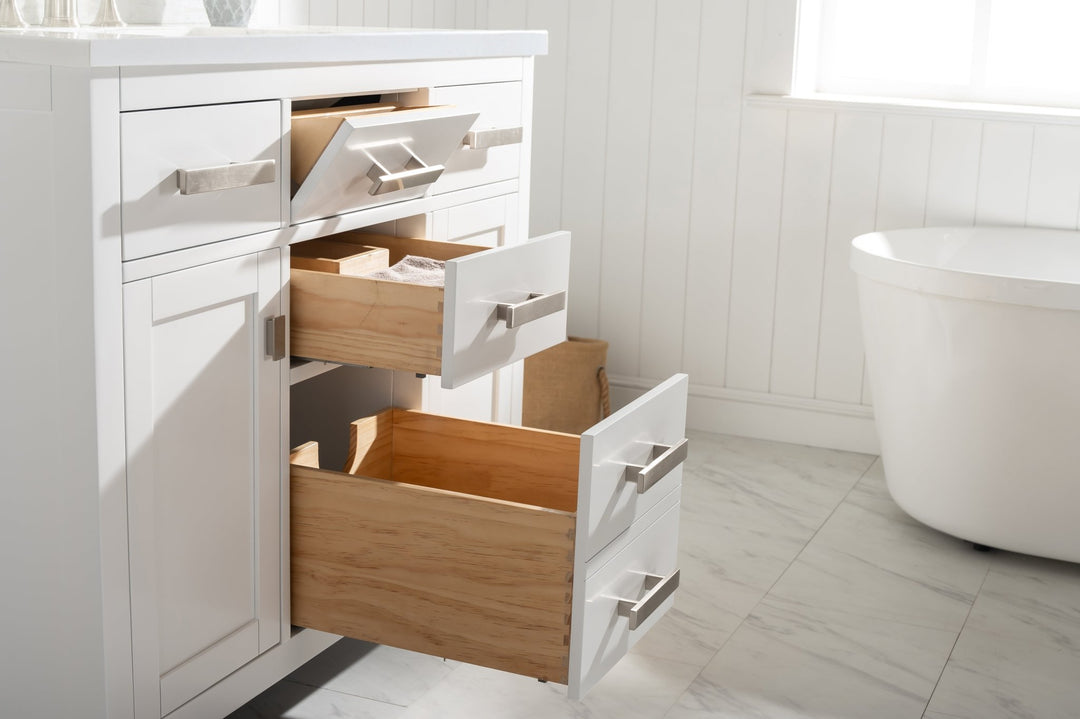 Valentino 42" Single Sink Vanity with White Quartz Top - Design Element Bath Kitchen - Bathroom Vanity - Navy with Satin Gold Hardware