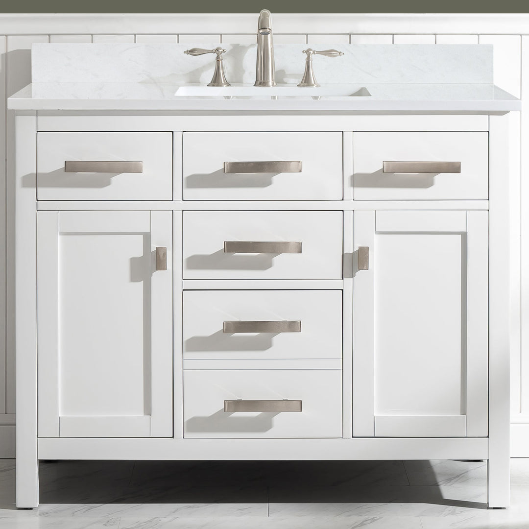 Valentino 42" Single Sink Vanity with White Quartz Top - Design Element Bath Kitchen - Bathroom Vanity - White with Silver Satin Hardware