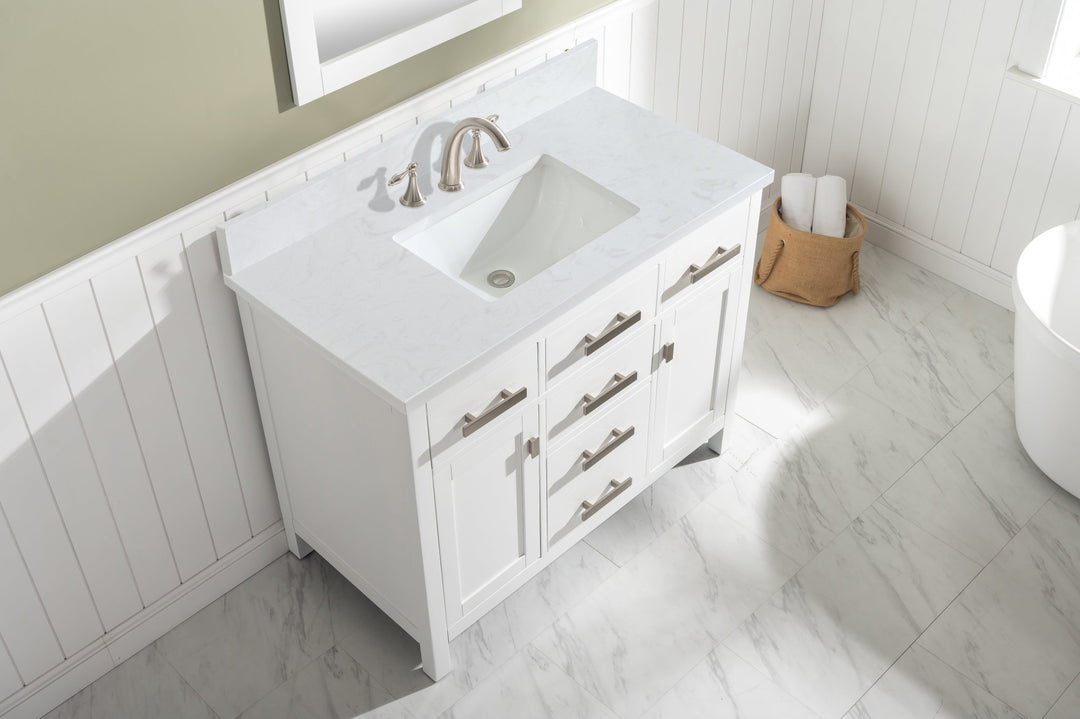 Valentino 42" Single Sink Vanity with White Quartz Top - Design Element Bath Kitchen - Bathroom Vanity - Navy with Satin Gold Hardware