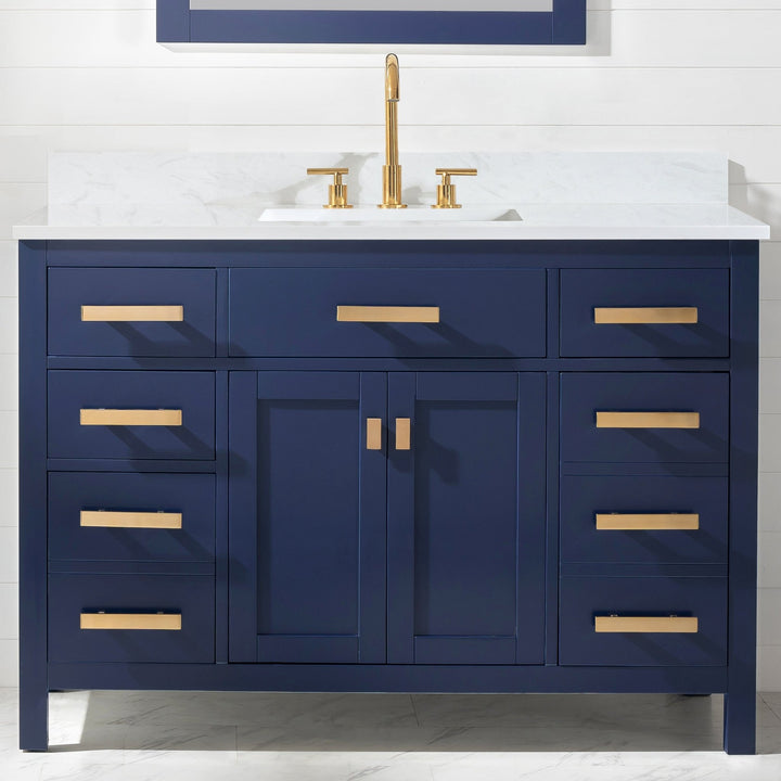 Valentino 48" Single Sink Vanity with White Quartz Top - Design Element Bath Kitchen - Bathroom Vanity - Navy with Satin Gold Hardware